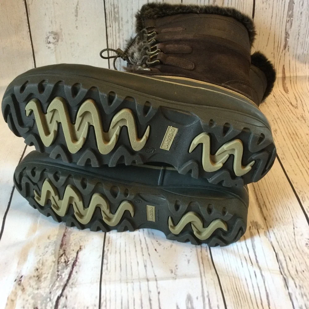 Lands End Women's Warm Brown Fabric & Suede Fur-Lined Winter Boots Zip Size 8.5